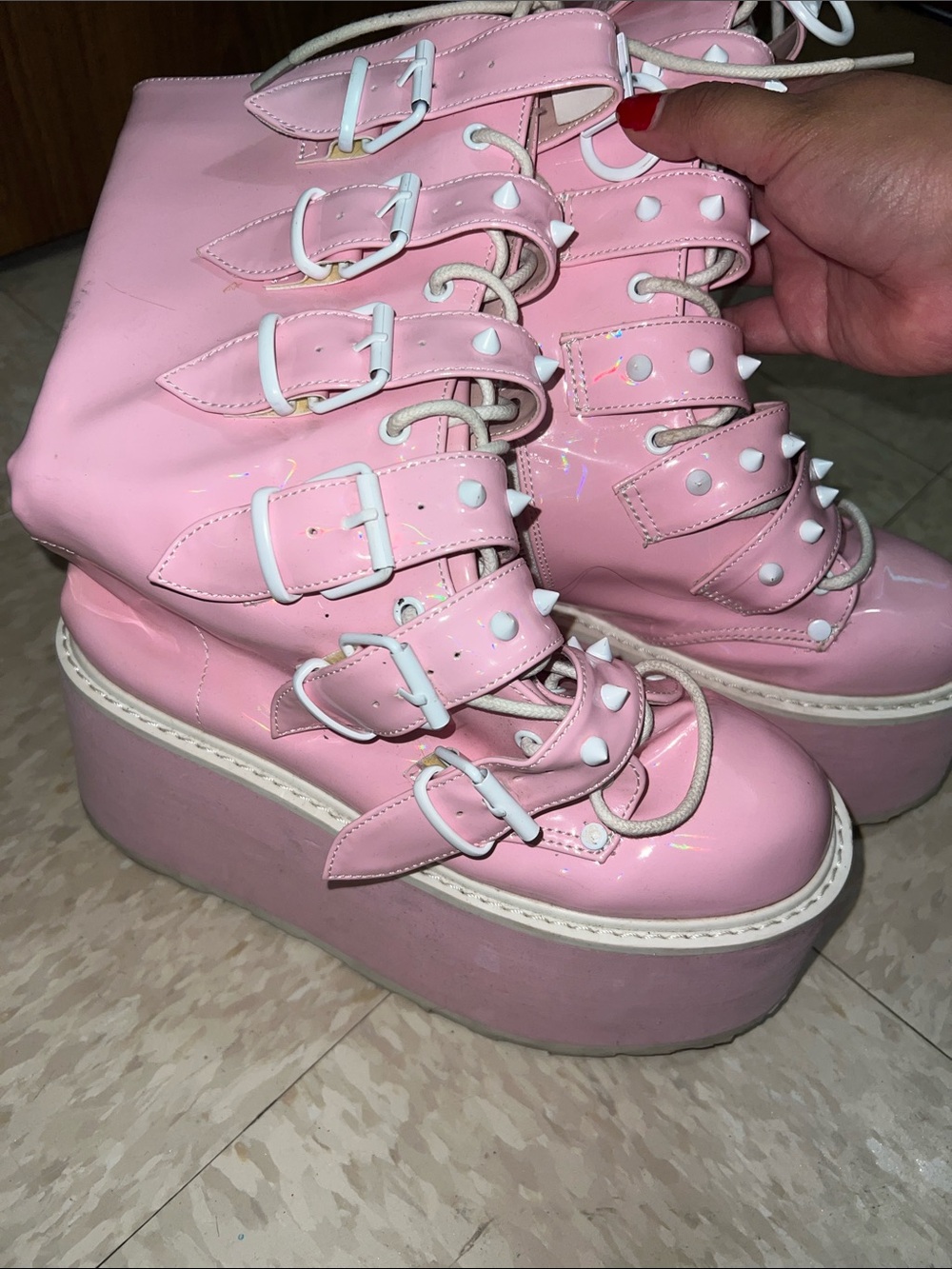 Demonia Pink Patent Platform Lace-Up Buckle Boots - Picture 2 of 4
